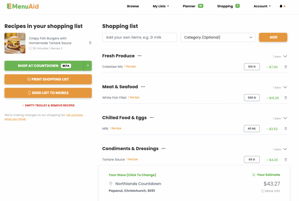 In-platform image of MenuAid's shopping list showing he second step of the pricing