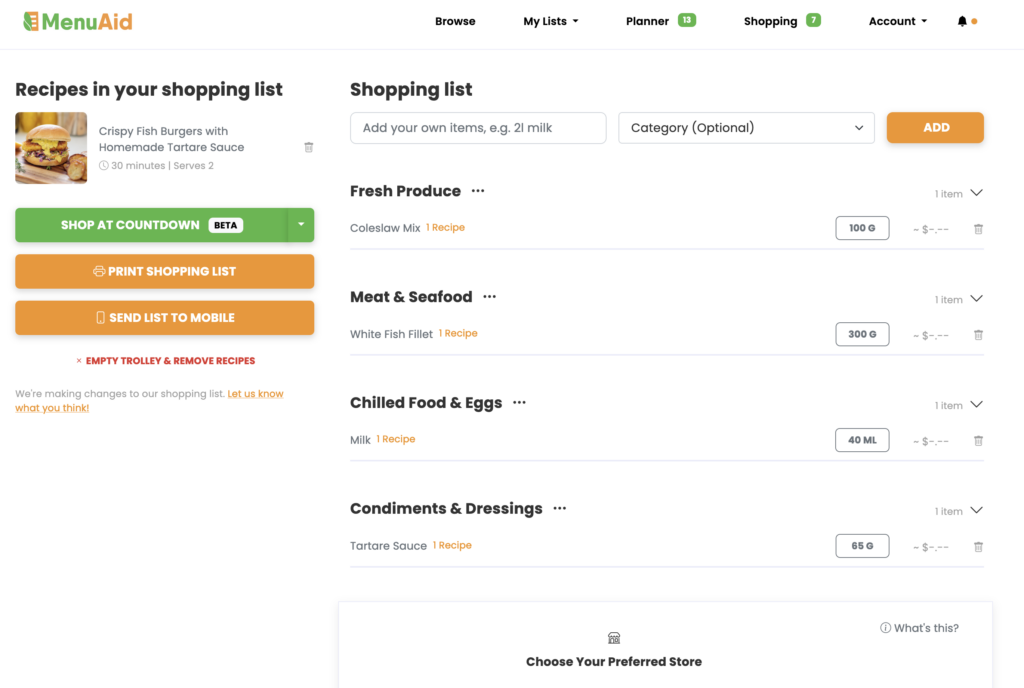 In-platform image of MenuAid's shopping list showing he first step of the pricing